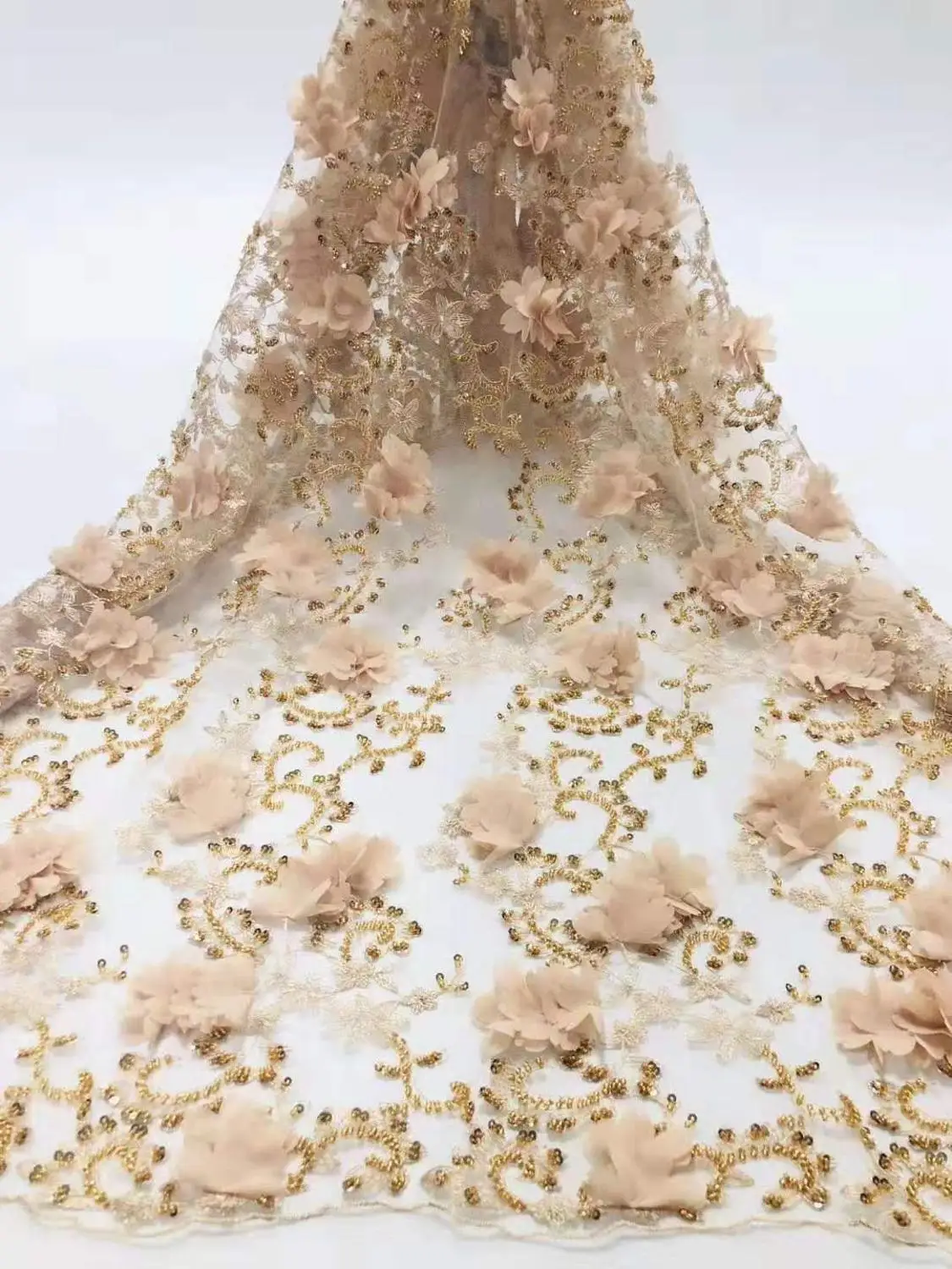 

High quality sequins beaded French mesh tulle African lace fabric Nigeria lace 5 yards suitable for wedding dress fabric design