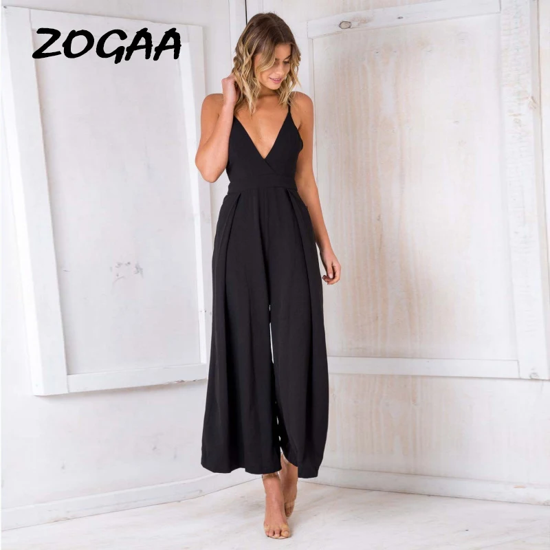 

ZOGAA Spaghetti Strap V-neck Women Jumpsuit Summer New Party Sexy Wide Leg Overall Solid Bow Beach Holiday Female Lady Dress