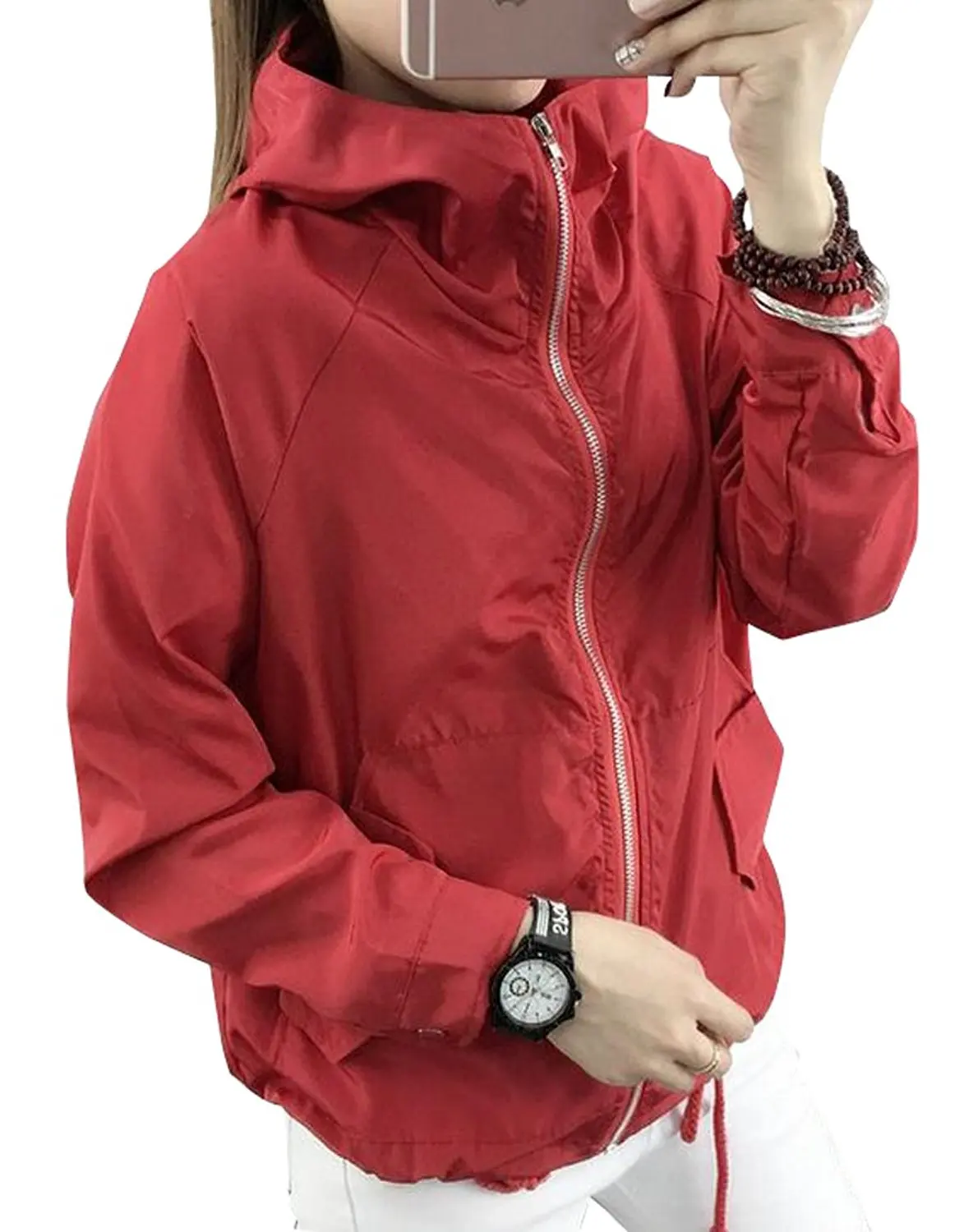 Womens Casual Lightweight Full Zip Hooded Windbreaker Jacket-in Basic ...