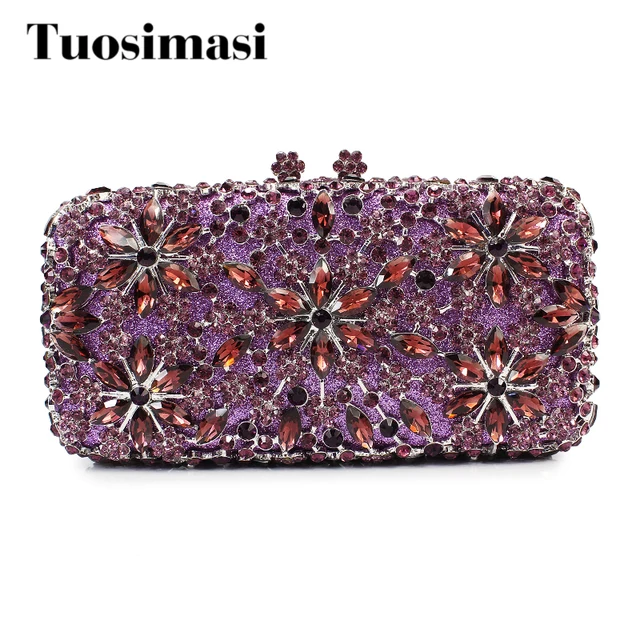 Women Wedding Clutches Bag Flower Crystal Evening Bags Party Purple