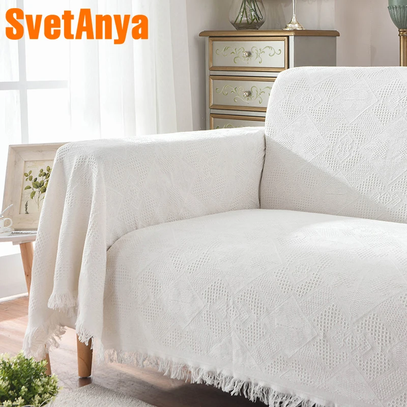 Svetanya White Sofa Towel Cotton Linen Fabric Jacquard Single Double