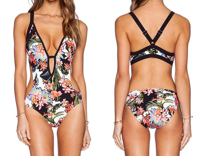 V Neck Open Back Printed One Piece Swimwear