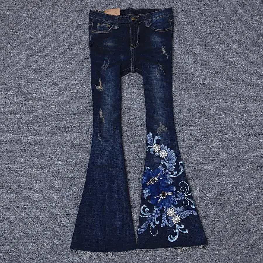 Fashion Women Flower Embroidery Jeans Handmade Beads Jeans Ladies high