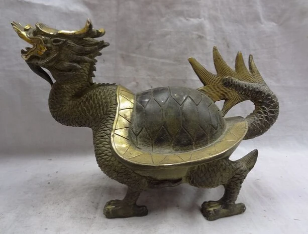 

JP S0608 9" Chinese Bronze Gilt Animals Longevity Dragon Turtle Tortoise Statue Sculpture Discount35%