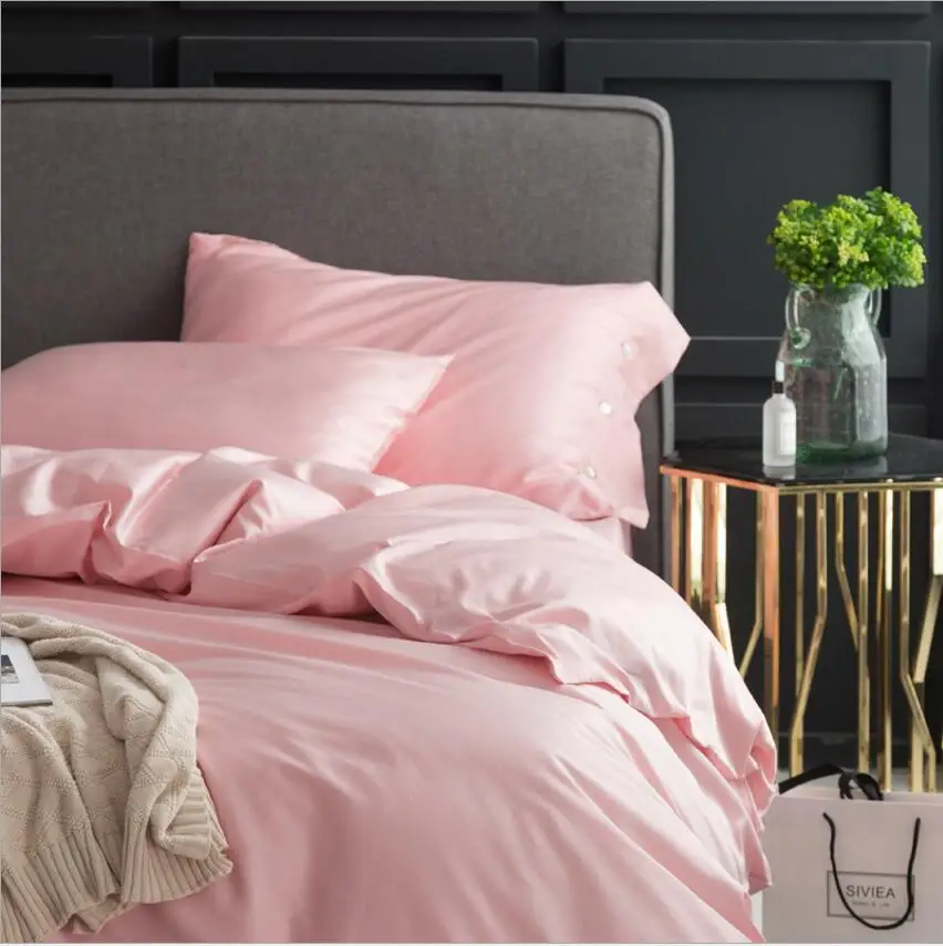 Best Luxury Egyptian cotton Pink Bedding sets King Queen size 4Pcs Solid Color Princess Duvet cover Bedclothes Bedsheet Pillowcases
