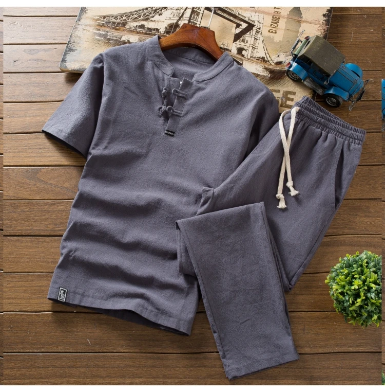 Высококачественные летние тонкие хлопковые льняные комплекты мужские футболки с коротким рукавом шорты сплошной цвет Свободный