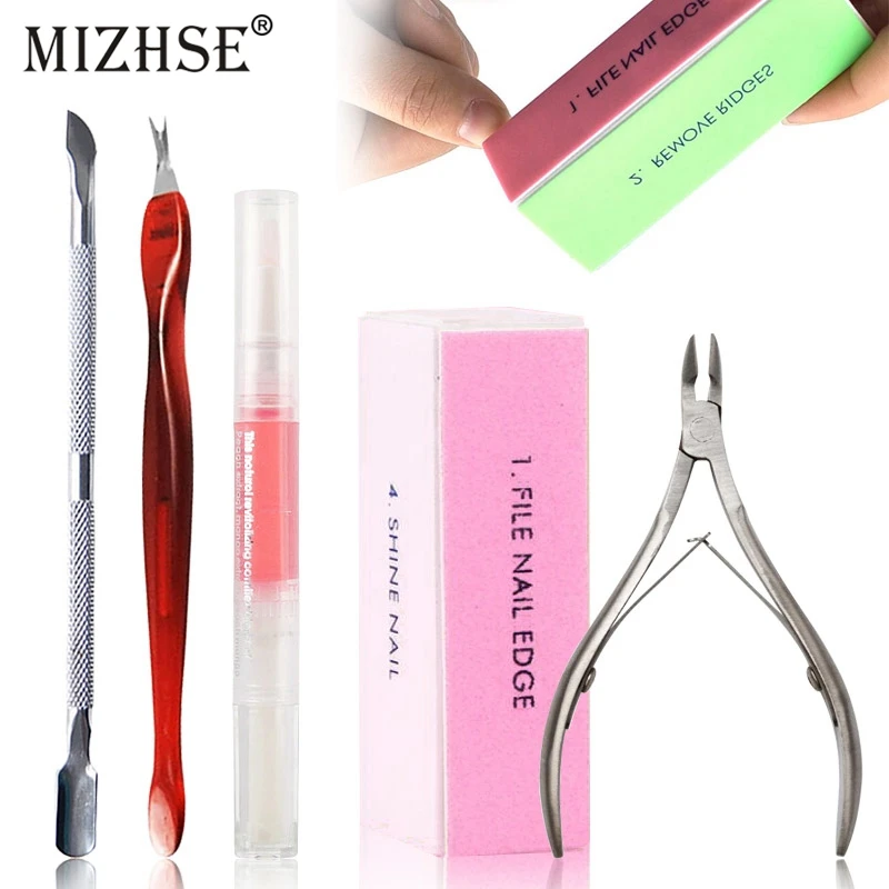 

MIZHSE 5pcs Manicure Tools Kit Nail Cuticle Nipper Pusher Remover Cuticle Cutter Clipper Nail Block Nutrition Oil Pen For Nails
