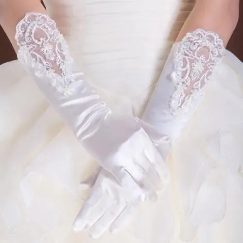 Pure White Satin Bridal Gloves Embroidery Full Finger Gloves Wedding