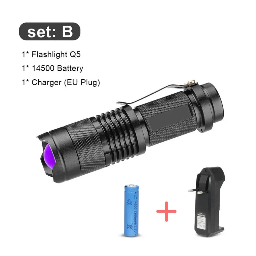 LED UV Flashlight Rechargeable Zoom Hand Torch Portable Mini Ultra Violet Light 