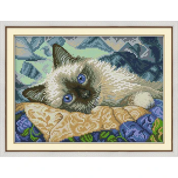 

Joy Sunday The blue eyes cat Chinese cross stitch kits Ecological cotton stamped printed 14 11CT DIY wedding decoration for home