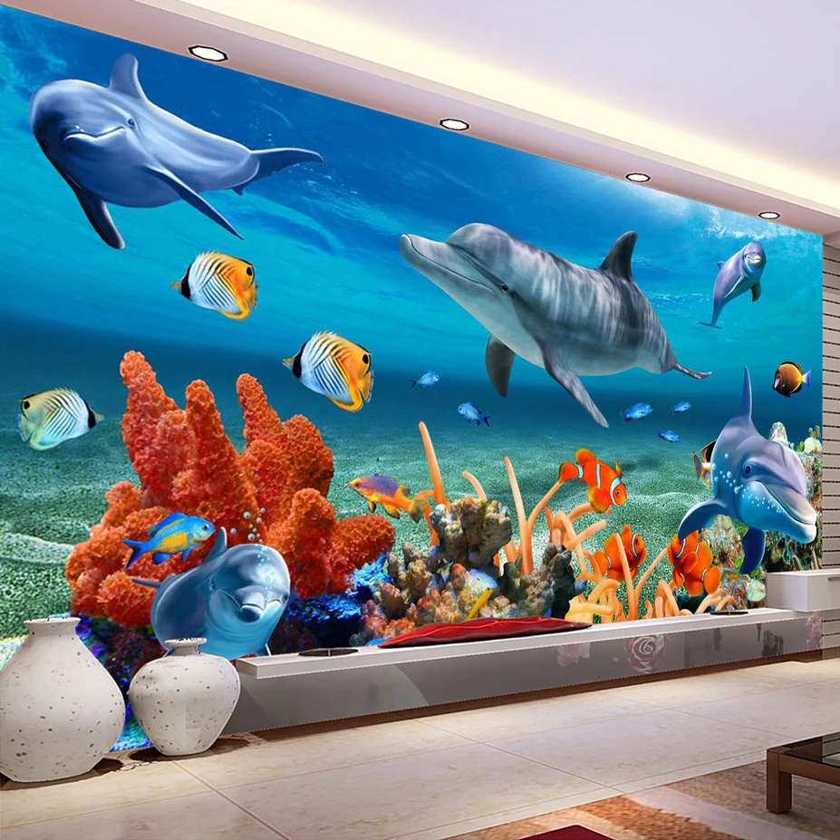kustom 3d mural wallpaper untuk anak anak bawah air dolphin ikan akuarium dinding kertas dinding