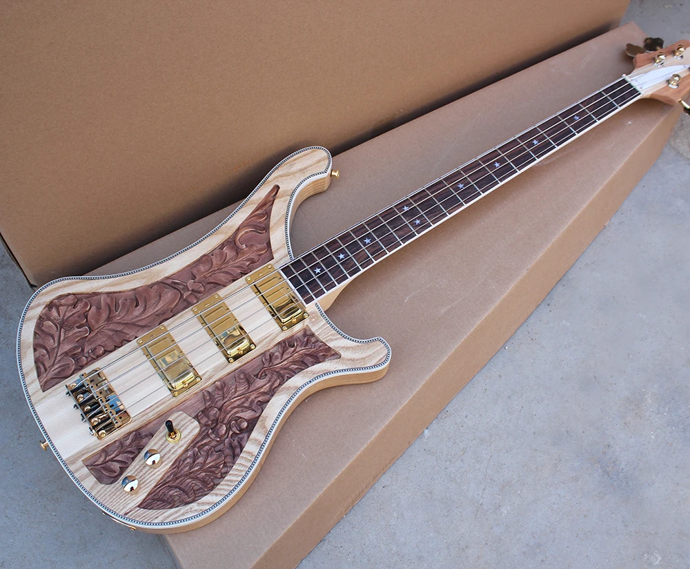 

4 Strings Electric Bass Guitar with Engraving Pattern,White Binding,Gold Hardwares,Neck-thru-body,offering customized services