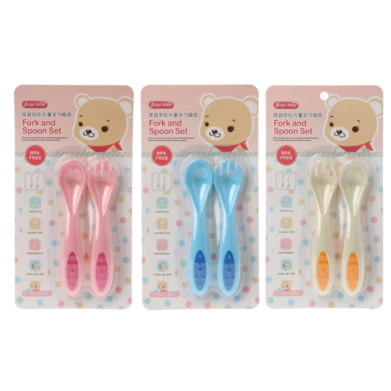 

2Pcs Safe Plastic Baby Spoon Fork Set Learning Tableware Children Flatware