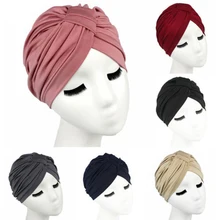 Индийская шапка-тюрбан для женщин, одноцветная, повседневная, на голову, растягивается, химиотерапия, плиссированная Кепка, модная, хлопковая, дышащая, Skullies