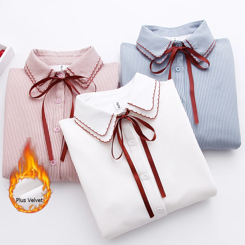 

Winter Plus Velvet Thicken Long Sleeve Blouse Casual Women 2019 Autumn Plus size 2XL Bow Shirt Tops Cotton Female Blouse blusas
