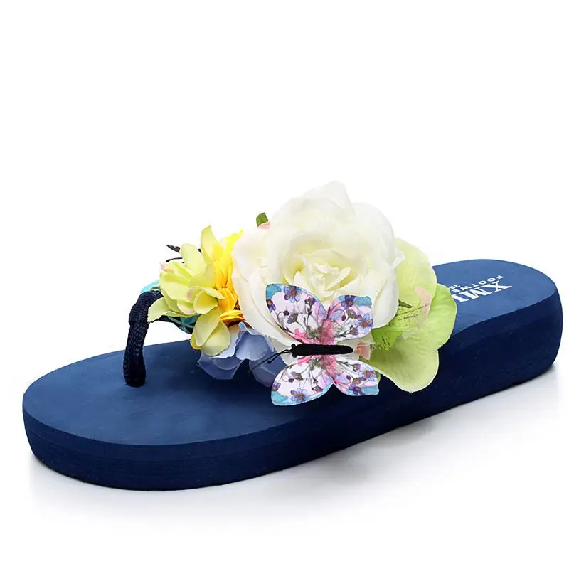 Летние женские Вьетнамки; пляжные женские шлепанцы с бабочками и цветами; модная женская обувь на танкетке; роскошный дизайн - Цвет: Style1BL