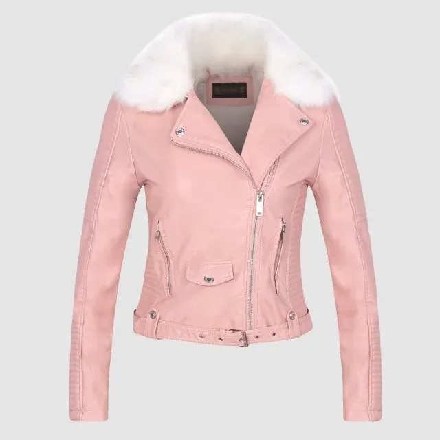 Зимние толстые кожаные жакеты, застежки, мотоциклетное пальто, женская дизайнерская модная верхняя одежда, куртка, Розовый Черный jaqueta couro меховой воротник