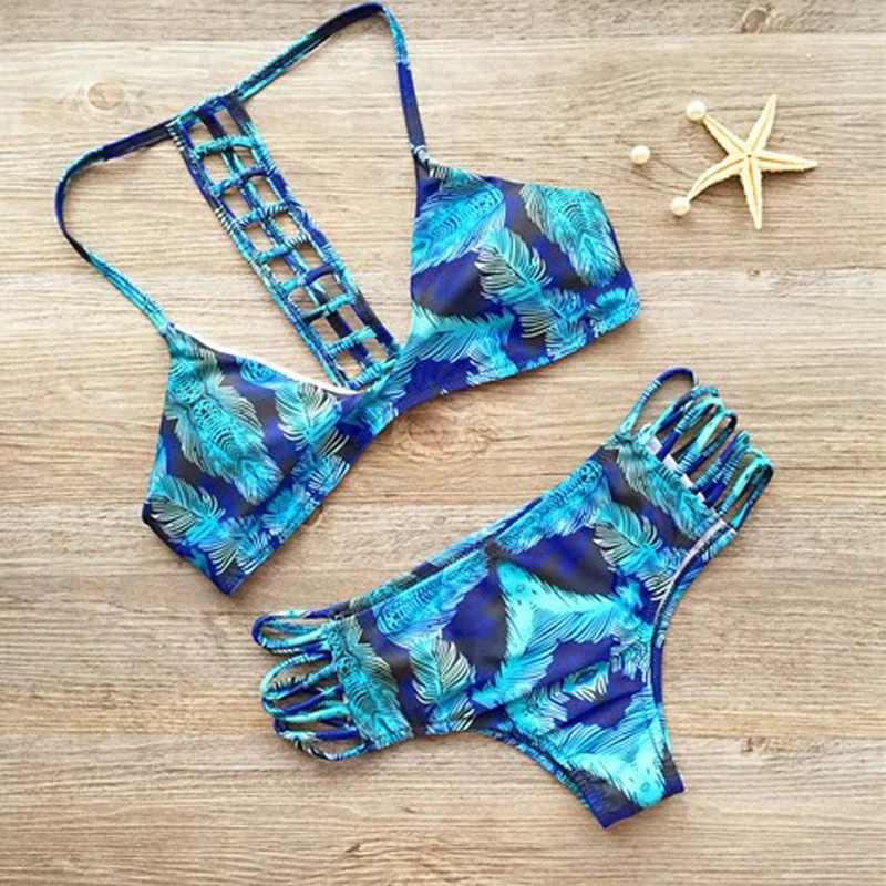 2016 Women Vintage Prints Gather Bikini Swimsuit Bandage Beach Swimwear