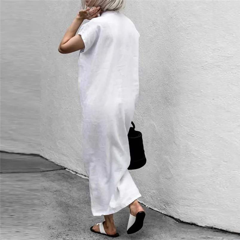 Women Summer Formal Full Length Short Sleeve V Neck Belted Shirt Dress Mini Linen Shirt Dress 2019 New Style Dress 40MA15 (12)
