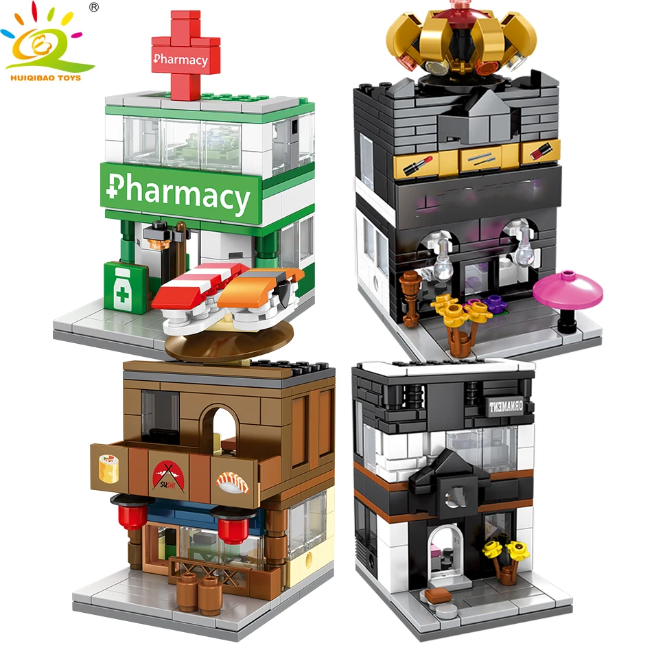 

HUIQIBAO TOYS 639Pcs Street view Makeup shop sushi drugstore Building Blocks kit for Children Compatible City House Brick