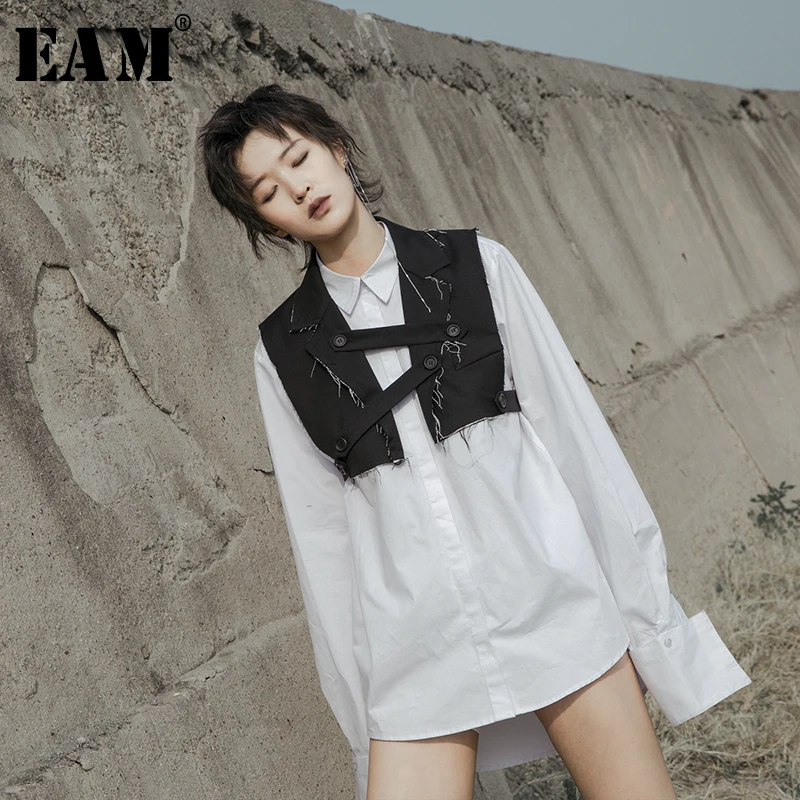 

[EAM] 2019 New Spring Summer Lapel Neck Sleeveless Short Button Bandage Spliced Irregular Personality Vest Women Fashion JY514