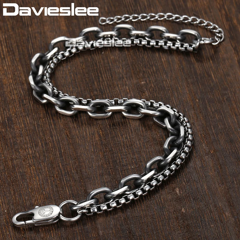 Davieslee سوار للرجال النساء كابل مربع رابط سلسلة مزدوجة الفضة لهجة الفولاذ المقاوم للصدأ قابل للتعديل الرجال سوار DDB11 Davieslee سوار للرجال النساء كابل مربع رابط سلسلة مزدوجة الفضة لهجة الفولاذ المقاوم للصدأ قابل للتعديل الرجال سوار DDB11