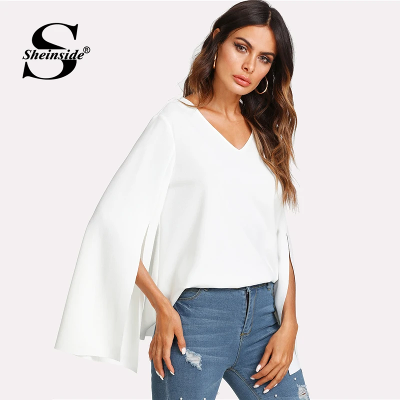 Sheinside V Neck Slit Bell Sleeve Top 2018 Summer Office Work Elegant Shirt Women Plain White Long Sleeve Blouse