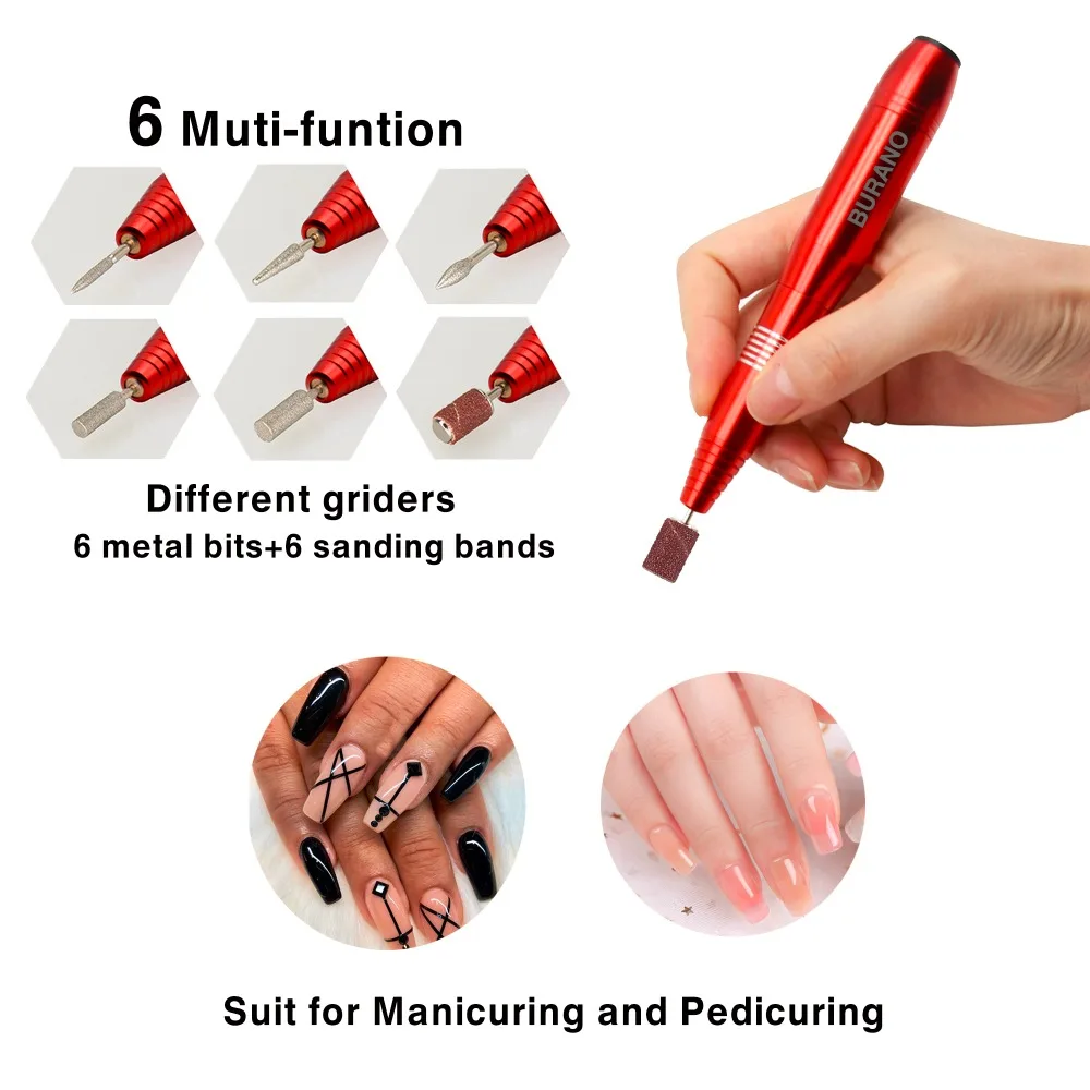 BURANO электрическая машинка для сверления ногтей ручка 6 бит Набор для ухода за ногтями 100-240 в аппарат для педикюра и маникюра инструмент для дизайна ногтей