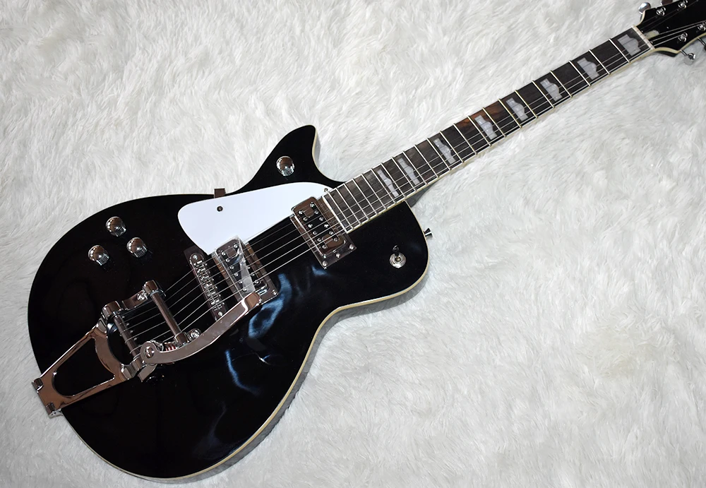 

Factory Custom Left Handed Black Electric Guitar with Tremolo System,Chrome Hardware,White Binding,Can be Customized