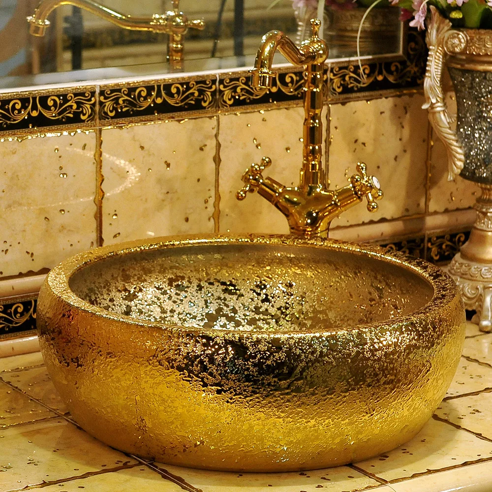 Шланг для ванной комнаты Топ умывальник Cloakroom ручная роспись сосуд Раковина Ванная комната раковины мойки Китай круглый золотой