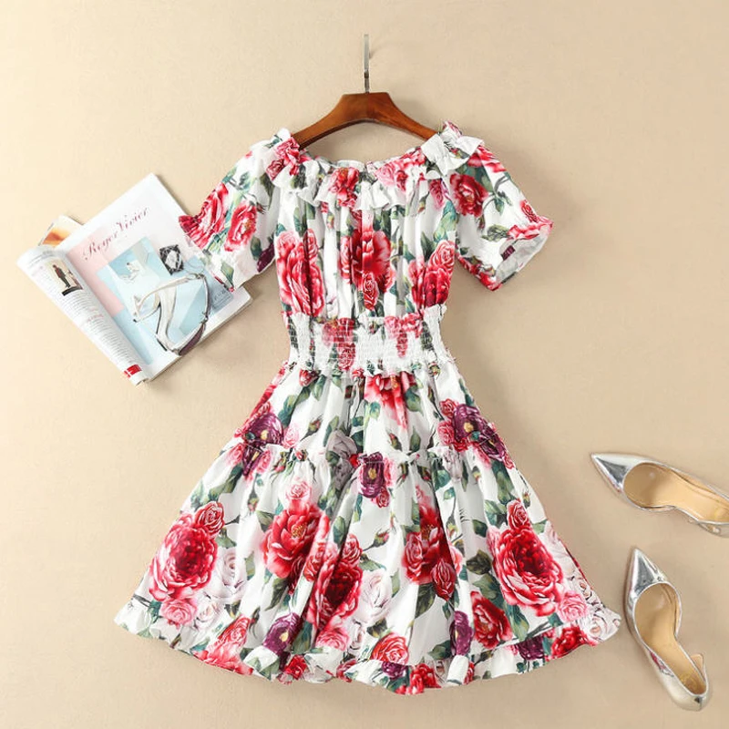 

High Quality 2018 Spring Summer Runway Brand Floral Patterns Print Women Casual Dress Off the Shoulder Ruffles Mini Dresses B043