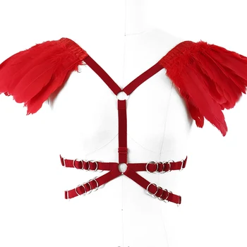

Harness Bra Strap Breast Belt Red Feather Shoulder Wings Sexy Steampunk Boho Lingerie Elastic Plus Size Festival Rave Women Art