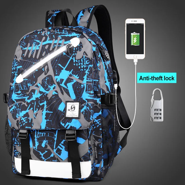 USB зарядное устройство, школьная сумка, анимационный Светящийся рюкзак для ноутбука, рюкзак для мальчика, школьные сумки, школьные рюкзаки для мальчиков, детский рюкзак - Цвет: blue white-lock