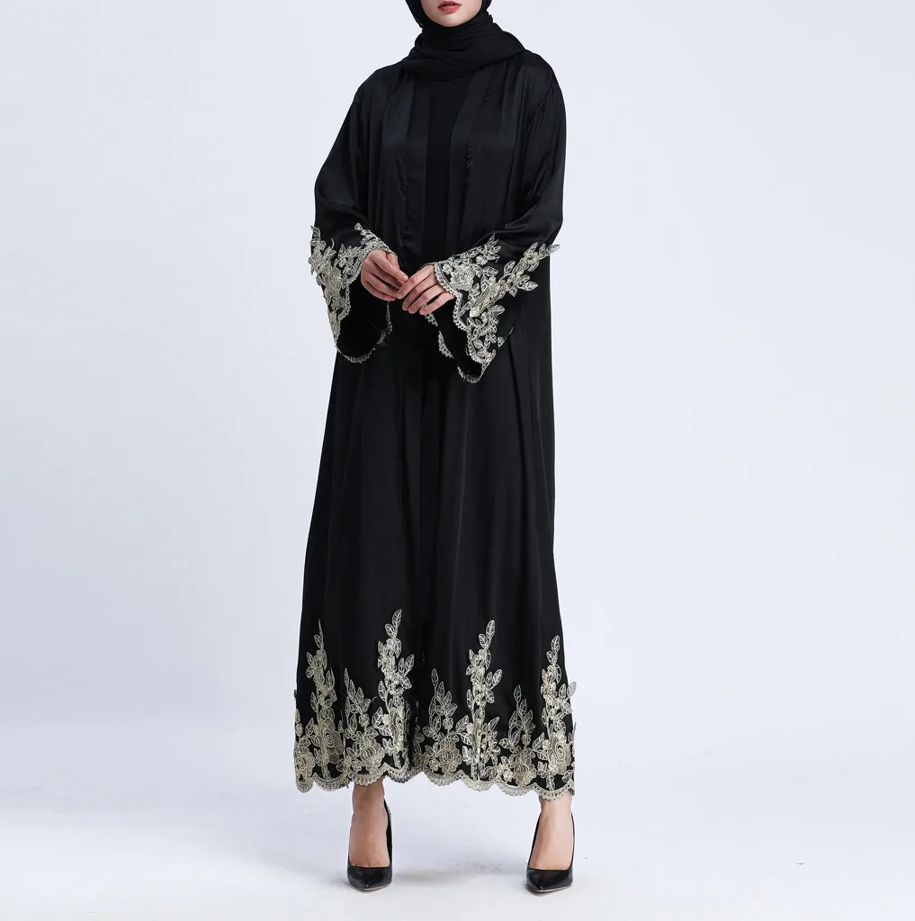 

Sexy woman Patchwork Spring Muslim Golden Silk Embroidery party Casual Female Loose Long Robe Vestidos 4.13