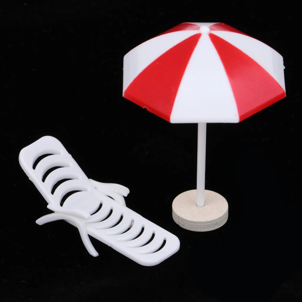 5PC Miniature Deck Chair Beach Umbrella Dollhouse Yard Beach Scenes Decor #6 