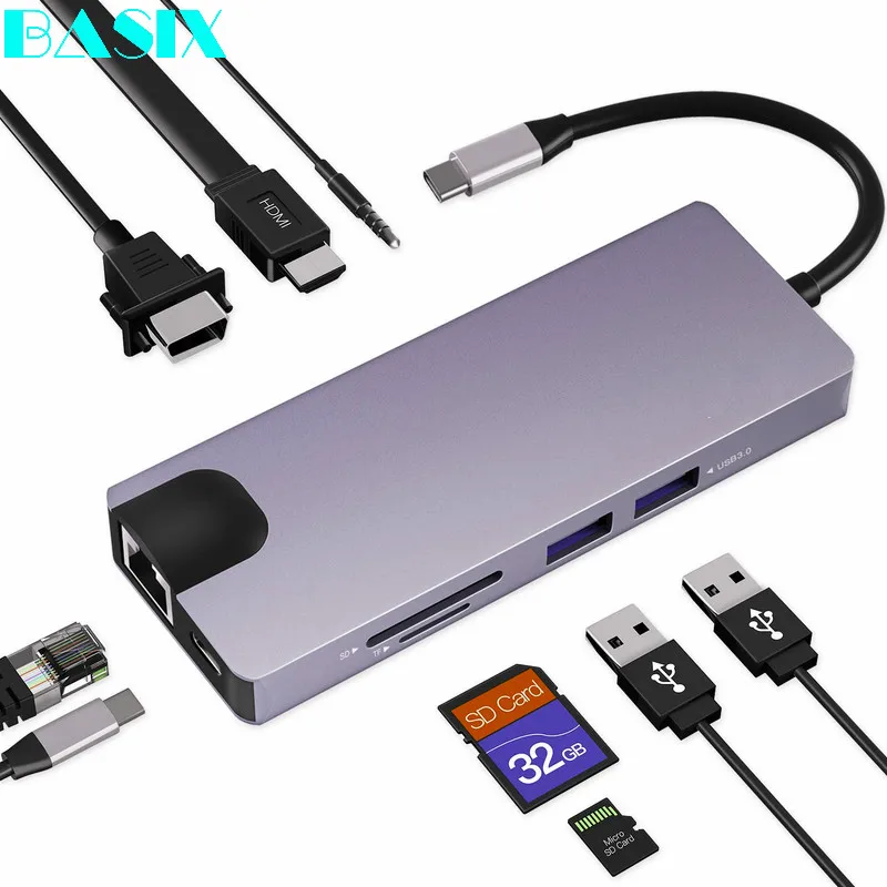 

Basix USB-C HUB Type C to USB 3.0 Thunderbolt 3 HDMI VGA 3.5mm Audio RJ45 Adapter for MacBook Pro Samsung Galaxy S9 USB C HUB