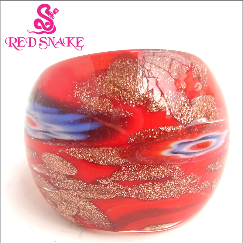 

RED SNAKE Fashion Ring Pure Handmade Red with flower and golden sand drops design Murano Glass Rings