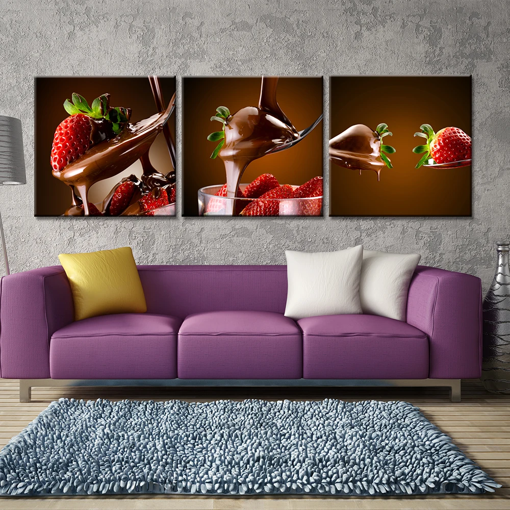 

3 Pieces Chocolate Strawberry Paintings Canvas Wall Art Fruits Posters and Prints Modern Pictures for Living Room No Frame