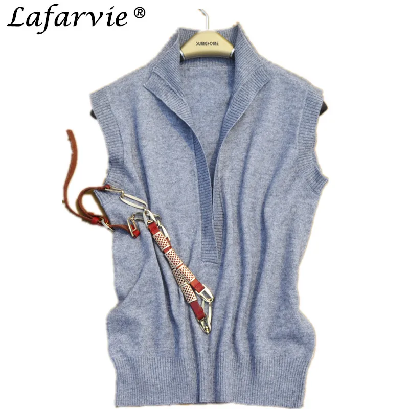 

Lafarvie Fashion Casual Spring&Autumn Cashmere Blended Turn-down Collar Sleeveless Vest Shrug Sweater Women Pullover Pull Femme