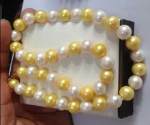 Beautiful 18″ INCH NATURAL SOUTH SEA 10-11MM WHITE + GOLDEN PEARL NECKLACE BRACELET Yellow CLASP