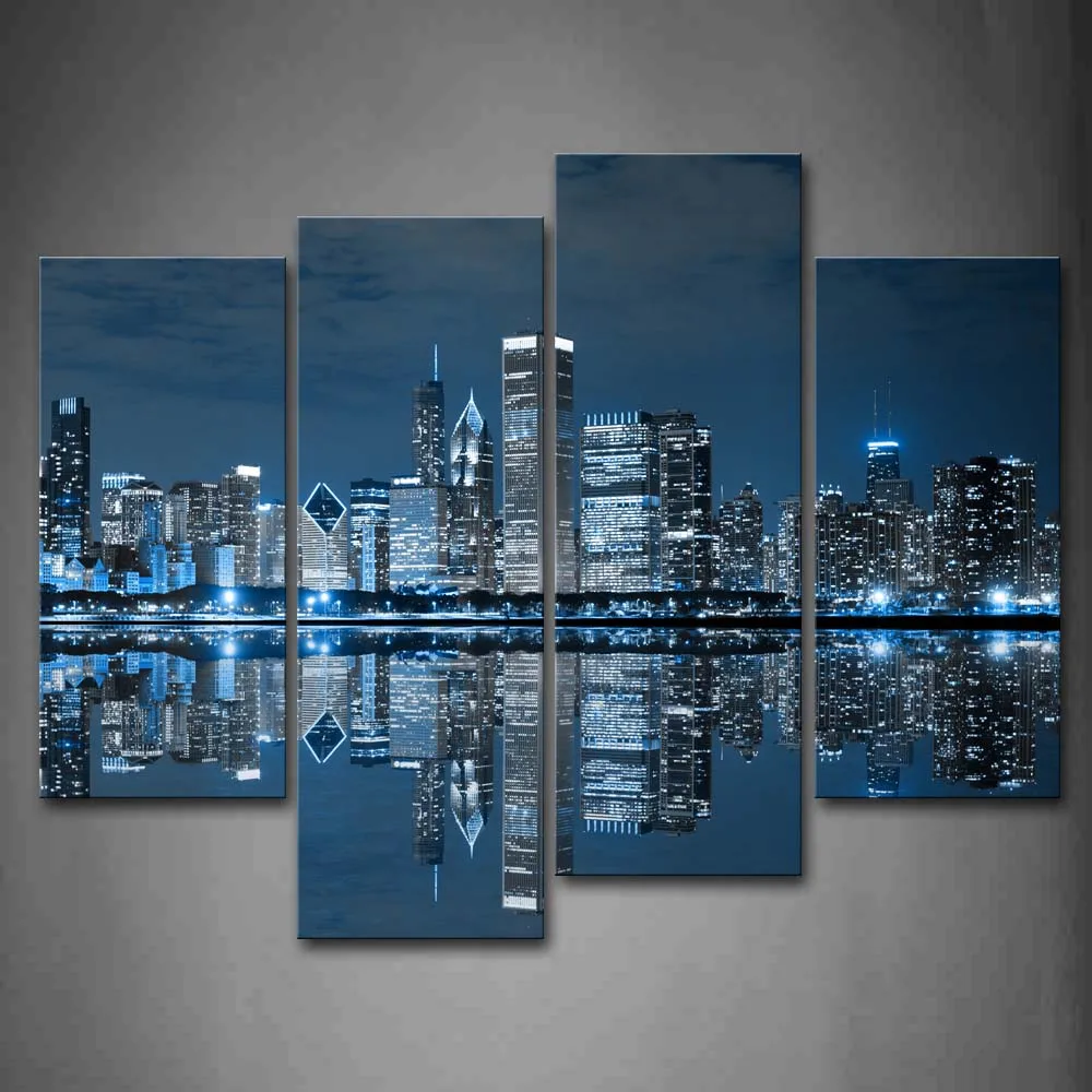 

Framed Wall Art Pictures Blue Buildings Chicago Canvas Print City Posters With Wooden Frames For Home And Office Decor