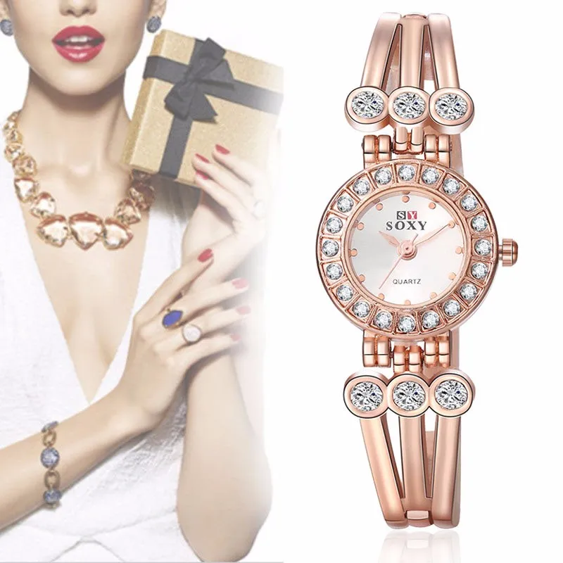 

Fashion Elegant Simple Design Women Alloy Bracelet Watches Luxury Brand Stainless Steel Rhinestone Analog Quartz Wrist Watch
