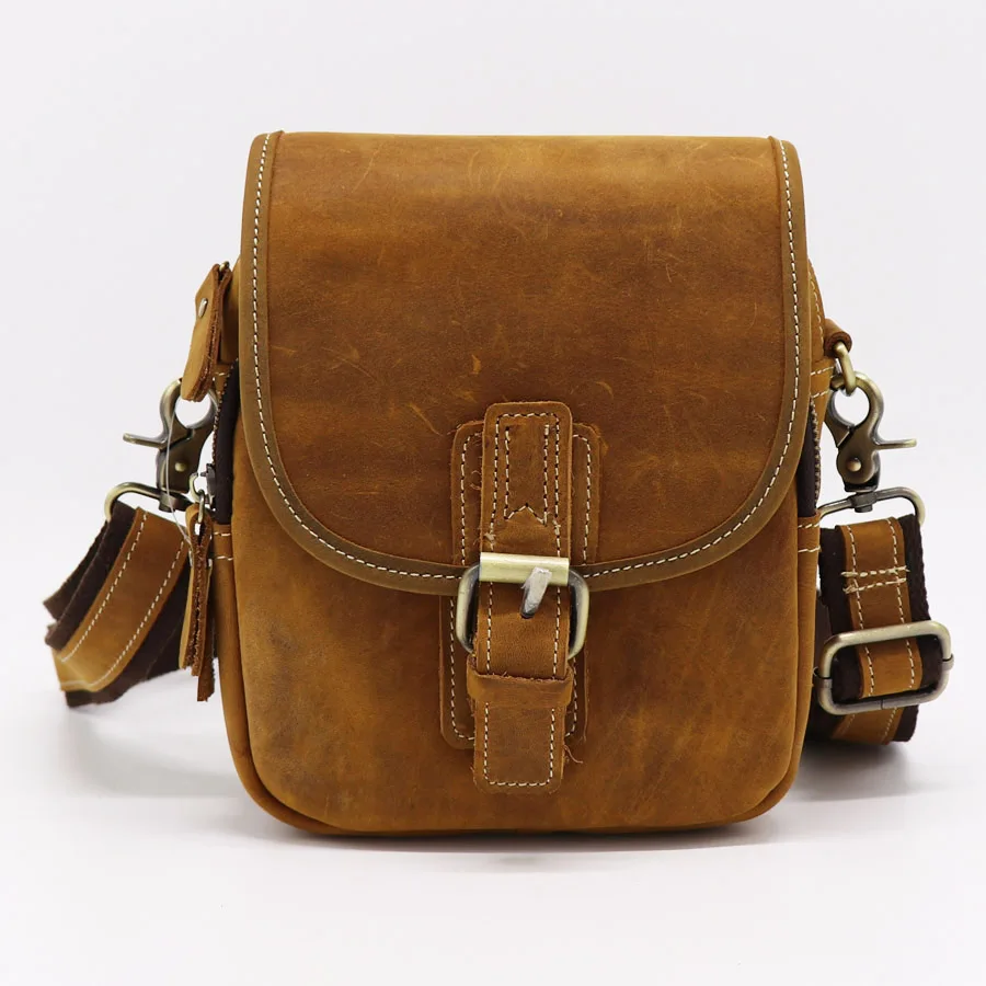 Brand Handmade Genuine Crazy Horse Casual Small Cross Body Shoulder Bag Men's Messenger Bags Male Belt Waist Pack For Cell Phone