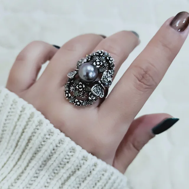 SINLEERY Vintage Big Gray Simulated Pearl Rings Antique Silver Color Gray Crysta SINLEERY Vintage Big Gray Simulated Pearl Rings Antique Silver Color Gray Crysta
