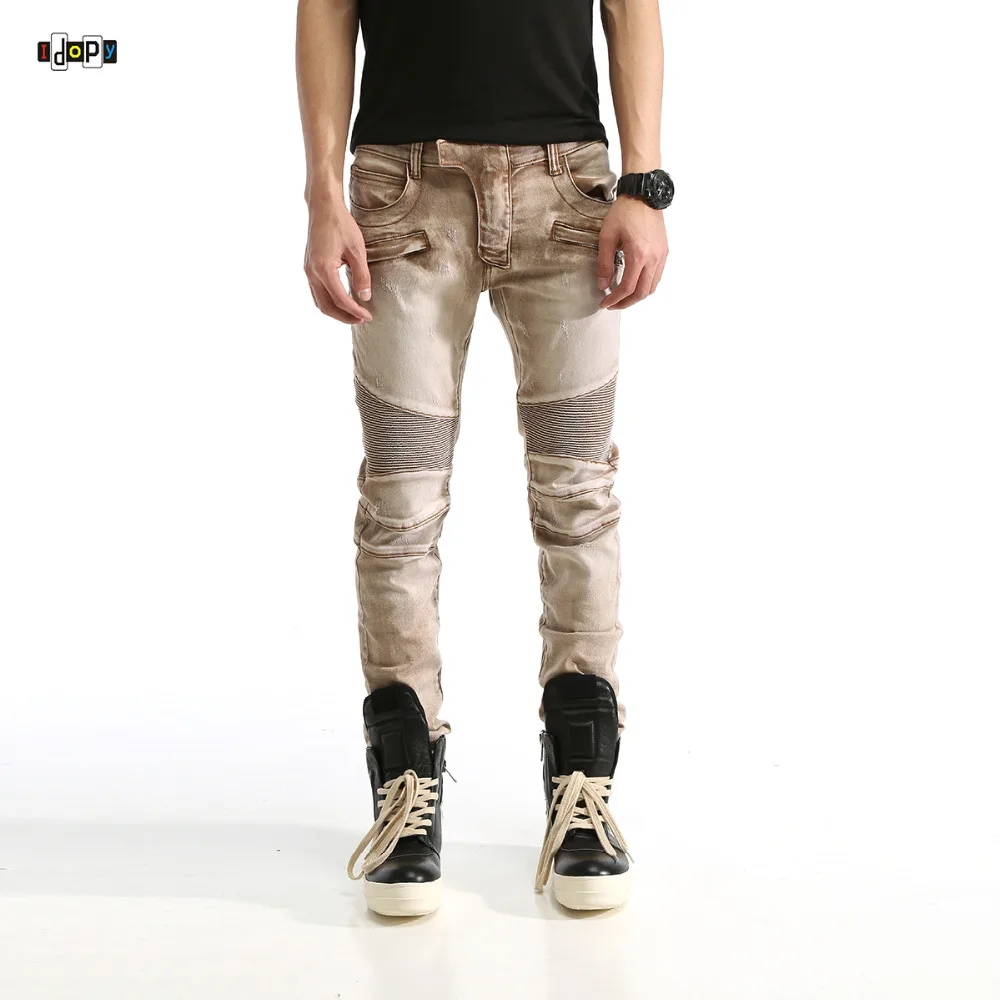 Idopy Men`s Biker Jeans Elastic Motorcycle Motobike Khaki Hip Hop Designer Denim Pants Joggers