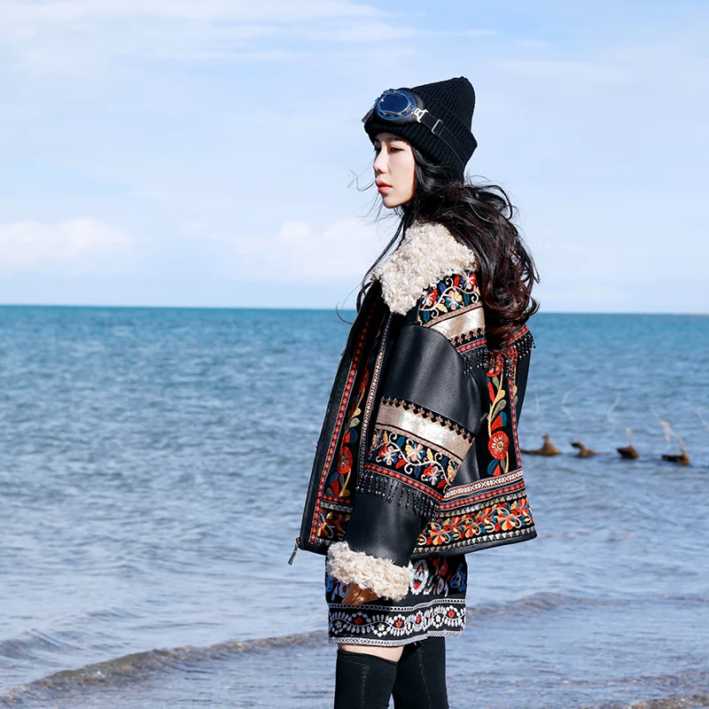 New  Jessica's Store Winter Women Exotic Vintage Loose Embroidery Tassel PU Leather lambswool Patchwork