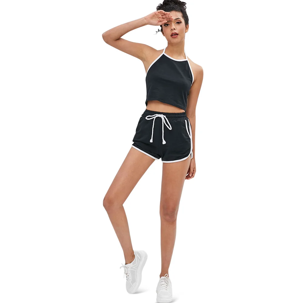 

ZAFUL Womens Sports Two Piece Sets Summer Ladies Sleeveless Halter Sexy Crop Top And High Waist Drawstring Piping Shorts Set