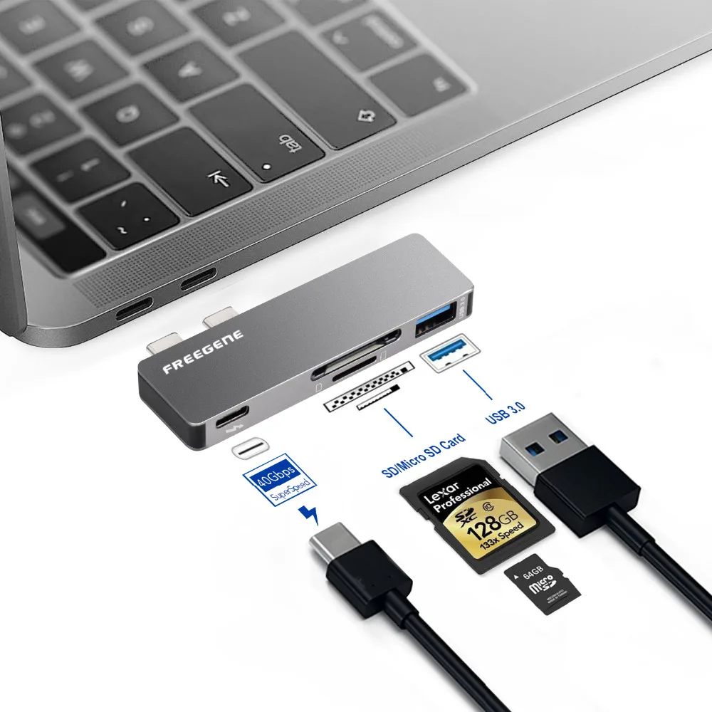 

Freegene 4 in 1 USB C HUB PD Charging 1x micro sd card 1xsd card 1x usb3.0 1x thunderbolt3 Gray Type-c HUB For Macbook Pro 13 15