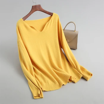 

Women solid color V-neck sweater casual loose long-sleeved sweater