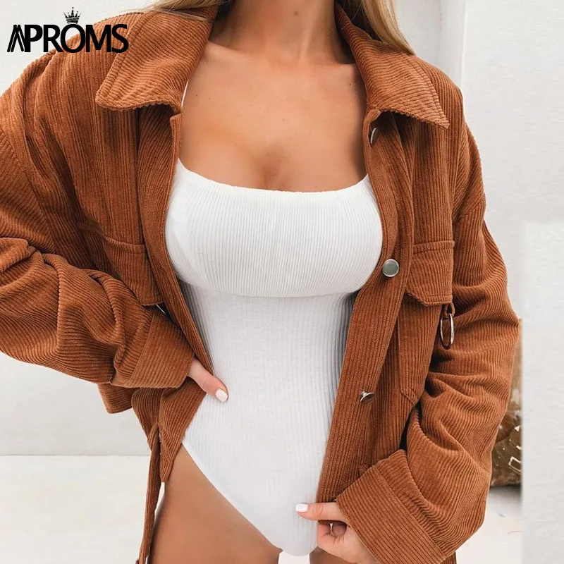 Aproms Vintage Khaki Corduroy Basic Jacket Women Autumn Winter Elegant Belt Oversize Coat Female Street Style Outerwear 2019